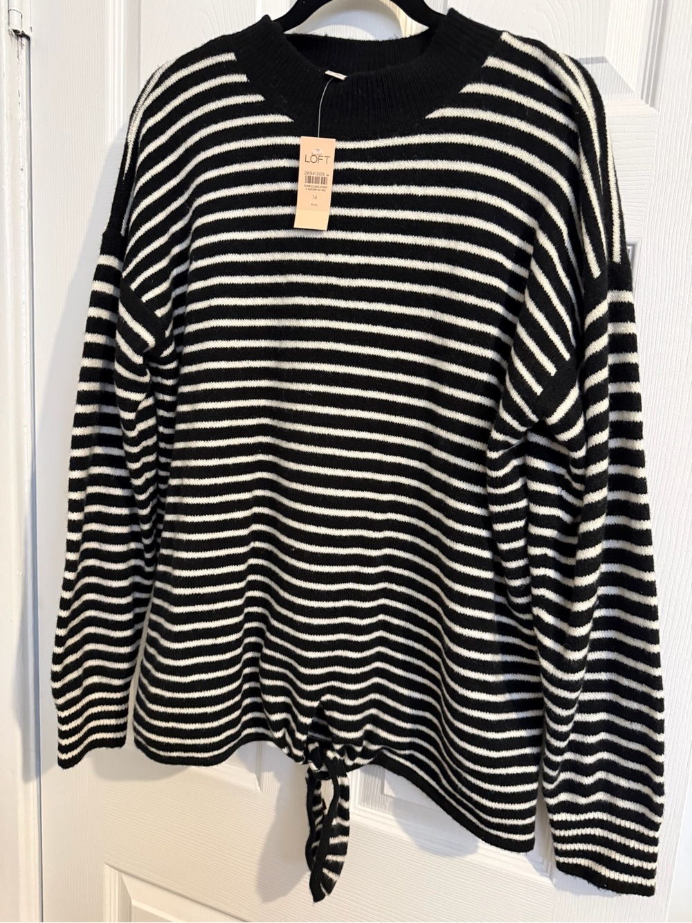 LOFT Black and White Striped Tie-Hem Sweater